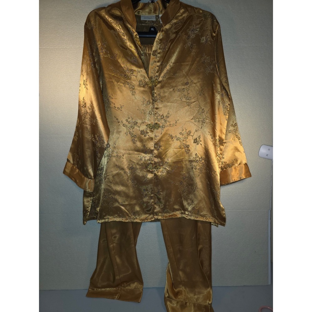 Lord & Taylor Gold Satin Floral Jacquard Pajama Set Frog Button Tunic Pants M